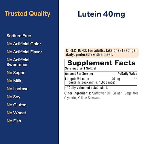 Puritan's Pride Premium Lutigold™ Lutein Carotinoid 40 mg mit Zeaxanthin – Nahrungsergänzungsmittel für die Augengesundheit, 120 Kapseln, 8 Monate Vorrat