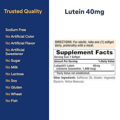 Puritan's Pride Premium Lutigold™ Lutein Carotinoid 40 mg mit Zeaxanthin – Nahrungsergänzungsmittel für die Augengesundheit, 120 Kapseln, 8 Monate Vorrat