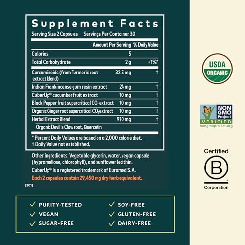 Gaia Herbs Kurkuma Supreme Gelenkunterstützung - Nahrungsergänzungsmittel mit Gurke, Quercetin, schwarzem Pfeffer, Ingwerwurzel, Curcuminoiden & mehr - 60 Liquid Phyto-Caps (30 Portionen)