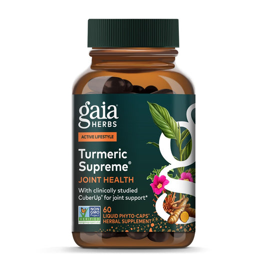 Gaia Herbs Kurkuma Supreme Gelenkunterstützung - Nahrungsergänzungsmittel mit Gurke, Quercetin, schwarzem Pfeffer, Ingwerwurzel, Curcuminoiden & mehr - 60 Liquid Phyto-Caps (30 Portionen)