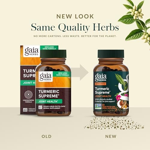 Gaia Herbs Kurkuma Supreme Gelenkunterstützung - Nahrungsergänzungsmittel mit Gurke, Quercetin, schwarzem Pfeffer, Ingwerwurzel, Curcuminoiden & mehr - 60 Liquid Phyto-Caps (30 Portionen)