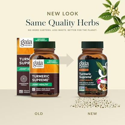 Gaia Herbs Kurkuma Supreme Gelenkunterstützung - Nahrungsergänzungsmittel mit Gurke, Quercetin, schwarzem Pfeffer, Ingwerwurzel, Curcuminoiden & mehr - 60 Liquid Phyto-Caps (30 Portionen)