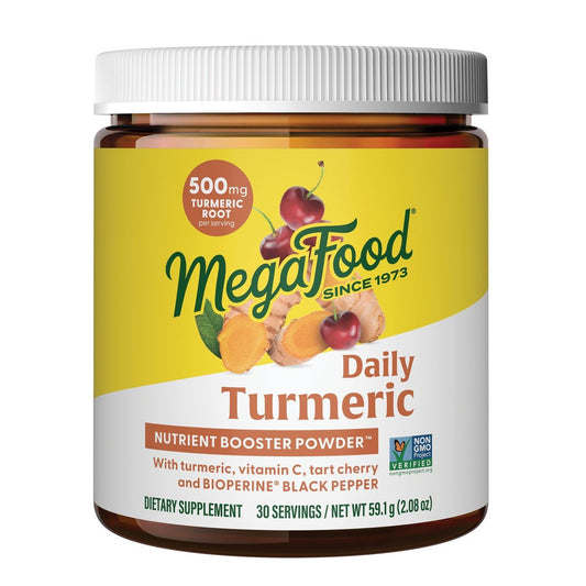 MegaFood Daily Turmeric Pulver – Nährstoff-Booster mit Kurkuma, schwarzem Pfeffer-Extrakt, Vitamin C, Sauerkirsche & Heiligem Basilikum – vegan, nicht-GVO, 2,08 Unzen (30 Portionen)