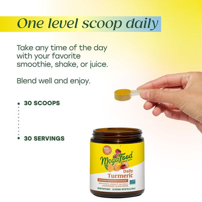MegaFood Daily Turmeric Pulver – Nährstoff-Booster mit Kurkuma, schwarzem Pfeffer-Extrakt, Vitamin C, Sauerkirsche & Heiligem Basilikum – vegan, nicht-GVO, 2,08 Unzen (30 Portionen)