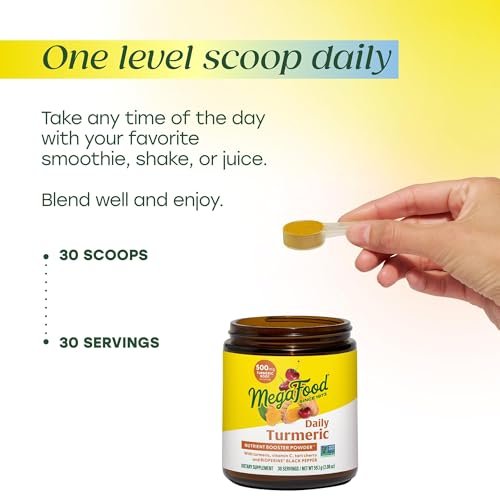 MegaFood Daily Turmeric Pulver – Nährstoff-Booster mit Kurkuma, schwarzem Pfeffer-Extrakt, Vitamin C, Sauerkirsche & Heiligem Basilikum – vegan, nicht-GVO, 2,08 Unzen (30 Portionen)