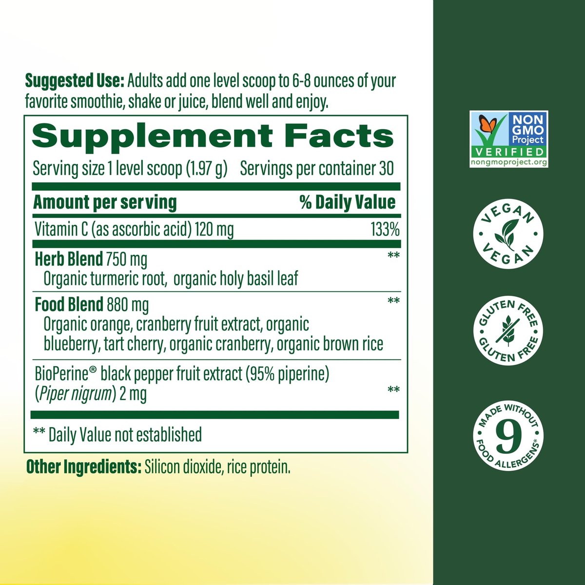 MegaFood Daily Turmeric Pulver – Nährstoff-Booster mit Kurkuma, schwarzem Pfeffer-Extrakt, Vitamin C, Sauerkirsche & Heiligem Basilikum – vegan, nicht-GVO, 2,08 Unzen (30 Portionen)