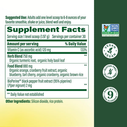MegaFood Daily Turmeric Pulver – Nährstoff-Booster mit Kurkuma, schwarzem Pfeffer-Extrakt, Vitamin C, Sauerkirsche & Heiligem Basilikum – vegan, nicht-GVO, 2,08 Unzen (30 Portionen)