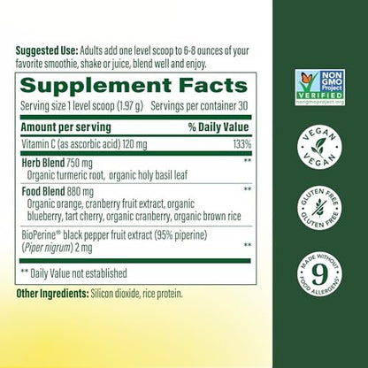MegaFood Daily Turmeric Pulver – Nährstoff-Booster mit Kurkuma, schwarzem Pfeffer-Extrakt, Vitamin C, Sauerkirsche & Heiligem Basilikum – vegan, nicht-GVO, 2,08 Unzen (30 Portionen)
