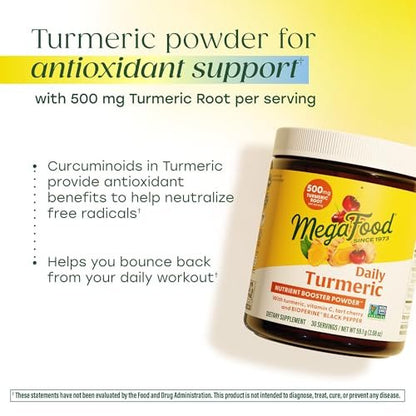 MegaFood Daily Turmeric Pulver – Nährstoff-Booster mit Kurkuma, schwarzem Pfeffer-Extrakt, Vitamin C, Sauerkirsche & Heiligem Basilikum – vegan, nicht-GVO, 2,08 Unzen (30 Portionen)