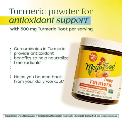 MegaFood Daily Turmeric Pulver – Nährstoff-Booster mit Kurkuma, schwarzem Pfeffer-Extrakt, Vitamin C, Sauerkirsche & Heiligem Basilikum – vegan, nicht-GVO, 2,08 Unzen (30 Portionen)