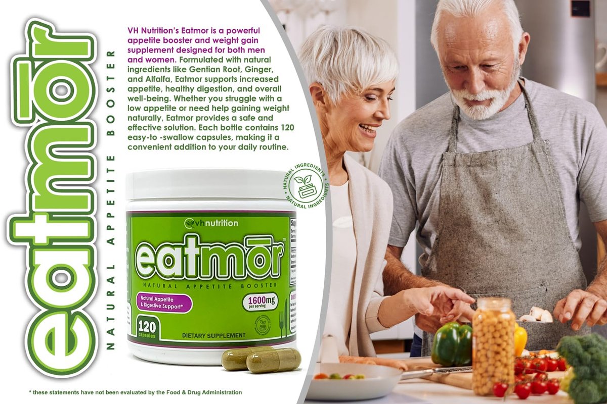VH Nutrition Eatmor | Appetitanreger | Gewichtszunahme-Pillen für Frauen und Männer | Entwickelt für Frauen mit Enzian, Ingwer, Luzerne | 120 leicht schluckbare Kapseln