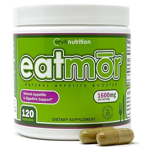 VH Nutrition Eatmor | Appetitanreger | Gewichtszunahme-Pillen für Frauen und Männer | Entwickelt für Frauen mit Enzian, Ingwer, Luzerne | 120 leicht schluckbare Kapseln