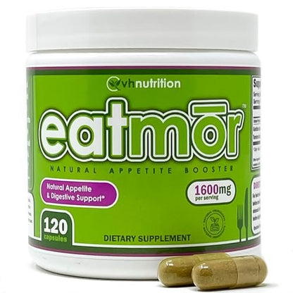 VH Nutrition Eatmor | Appetitanreger | Gewichtszunahme-Pillen für Frauen und Männer | Entwickelt für Frauen mit Enzian, Ingwer, Luzerne | 120 leicht schluckbare Kapseln