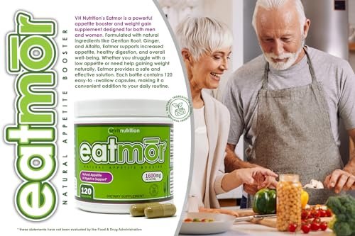 VH Nutrition Eatmor | Appetitanreger | Gewichtszunahme-Pillen für Frauen und Männer | Entwickelt für Frauen mit Enzian, Ingwer, Luzerne | 120 leicht schluckbare Kapseln