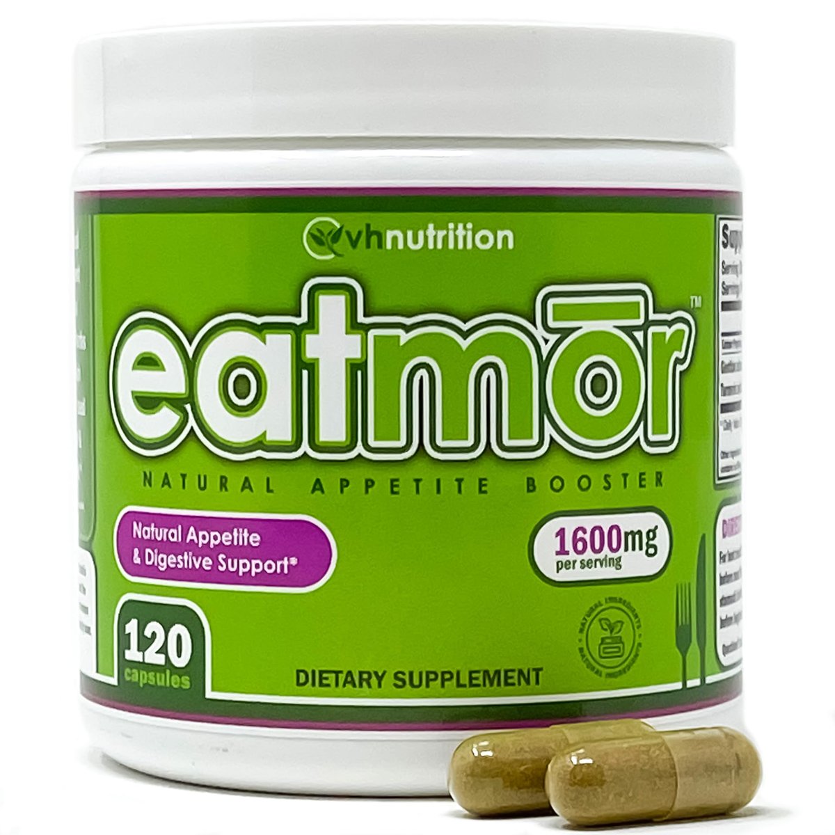 VH Nutrition Eatmor | Appetitanreger | Gewichtszunahme-Pillen für Frauen und Männer | Entwickelt für Frauen mit Enzian, Ingwer, Luzerne | 120 leicht schluckbare Kapseln