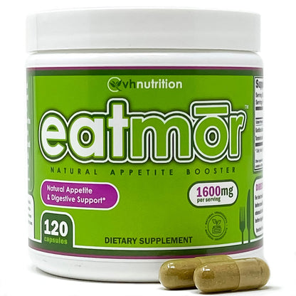 VH Nutrition Eatmor | Appetitanreger | Gewichtszunahme-Pillen für Frauen und Männer | Entwickelt für Frauen mit Enzian, Ingwer, Luzerne | 120 leicht schluckbare Kapseln