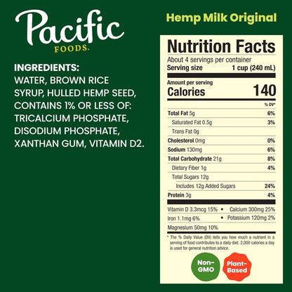 Pacific Foods Original Hanfmilch, Pflanzliche Milch, 946 ml Karton