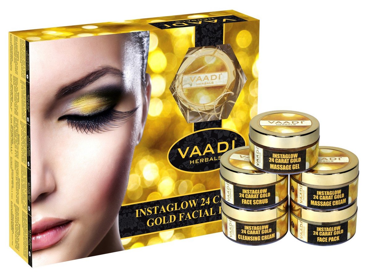 Vaadi Herbals Gold Gesichtspflegeset mit 24 Karat Goldblättern, Ringelblume, Weizenkeimöl und Zitronenschalenextrakt – 270g Luxuriöse Gesichtspflege