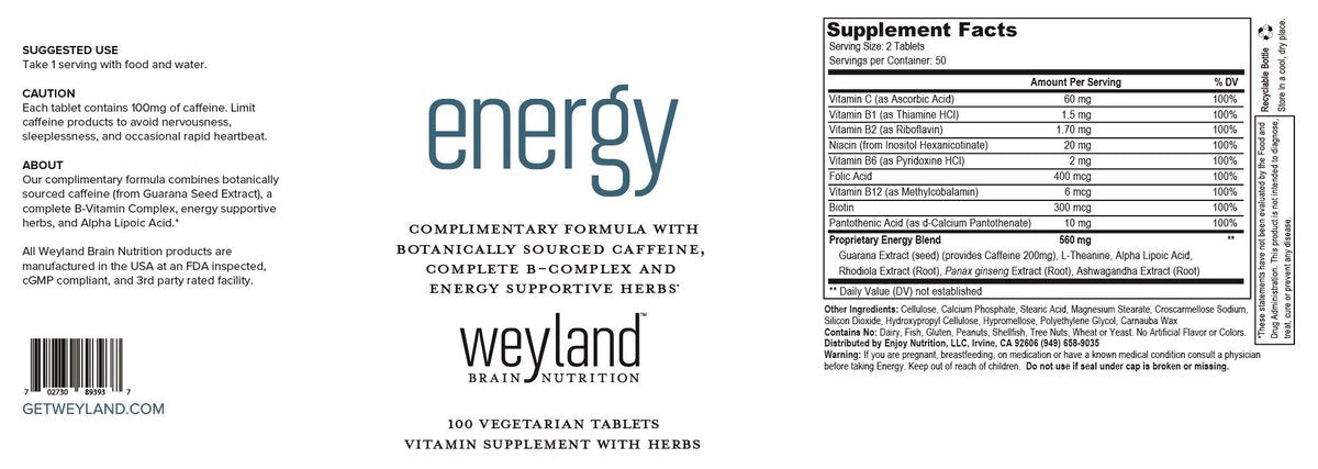 Weyland Brain Nutrition Energie | Pflanzlich gewonnenes Koffein | Kompletter B-Komplex & energieunterstützende Kräuter