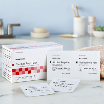 McKesson Alkohol-Vorbereitungspads, 100 Stück – steril, einzeln verpackt, 70% Isopropylalkohol, groß, 2-lagig, medizinische Qualität, Erste Hilfe
