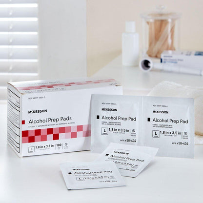 McKesson Alkohol-Vorbereitungspads, 100 Stück – steril, einzeln verpackt, 70% Isopropylalkohol, groß, 2-lagig, medizinische Qualität, Erste Hilfe
