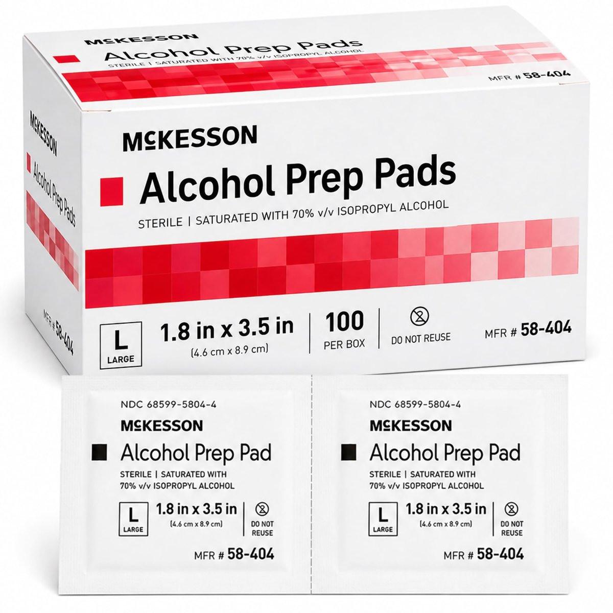 McKesson Alkohol-Vorbereitungspads, 100 Stück – steril, einzeln verpackt, 70% Isopropylalkohol, groß, 2-lagig, medizinische Qualität, Erste Hilfe