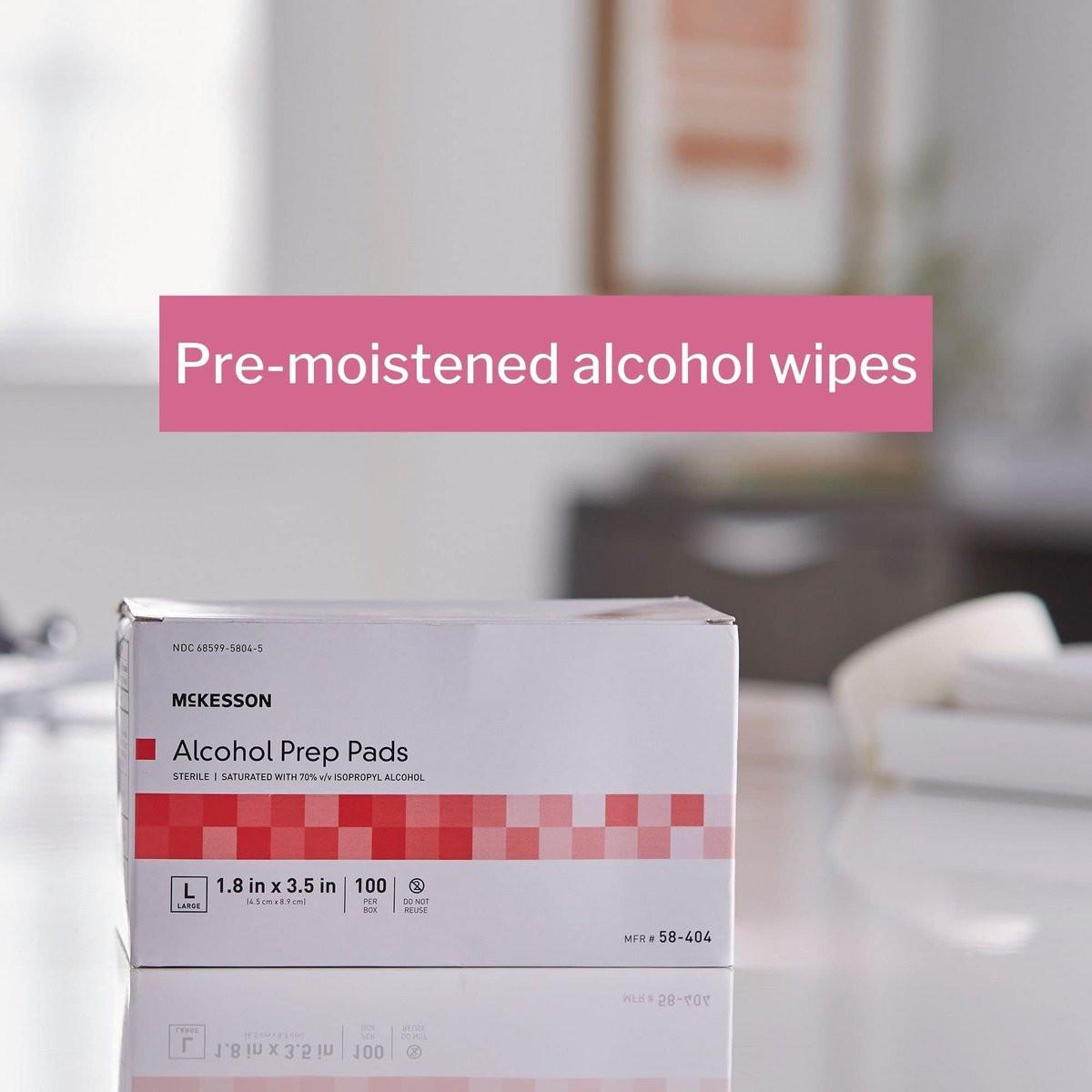 McKesson Alkohol-Vorbereitungspads, 100 Stück – steril, einzeln verpackt, 70% Isopropylalkohol, groß, 2-lagig, medizinische Qualität, Erste Hilfe