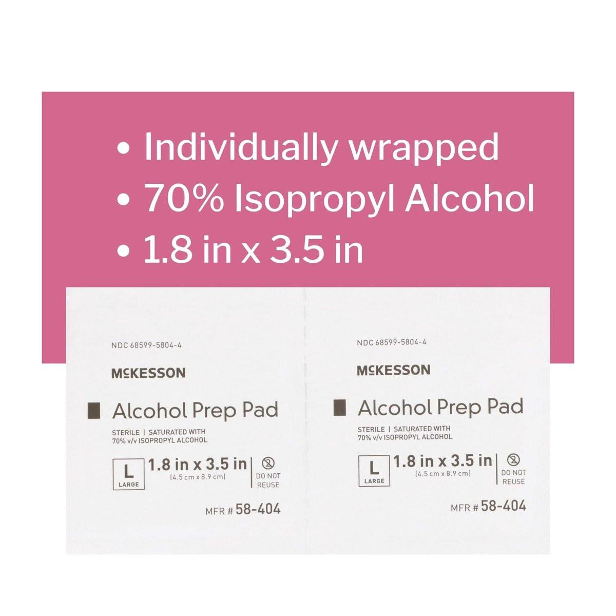 McKesson Alkohol-Vorbereitungspads, 100 Stück – steril, einzeln verpackt, 70% Isopropylalkohol, groß, 2-lagig, medizinische Qualität, Erste Hilfe