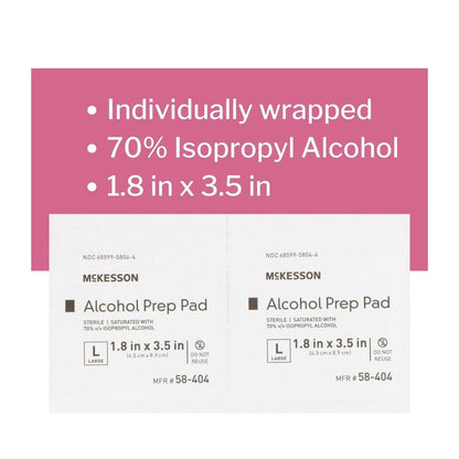 McKesson Alkohol-Vorbereitungspads, 100 Stück – steril, einzeln verpackt, 70% Isopropylalkohol, groß, 2-lagig, medizinische Qualität, Erste Hilfe