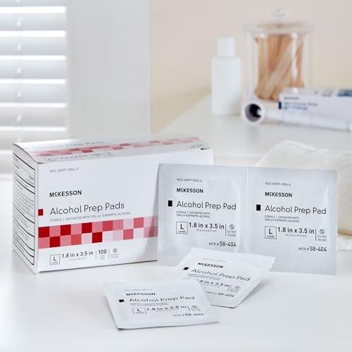McKesson Alkohol-Vorbereitungspads, 100 Stück – steril, einzeln verpackt, 70% Isopropylalkohol, groß, 2-lagig, medizinische Qualität, Erste Hilfe