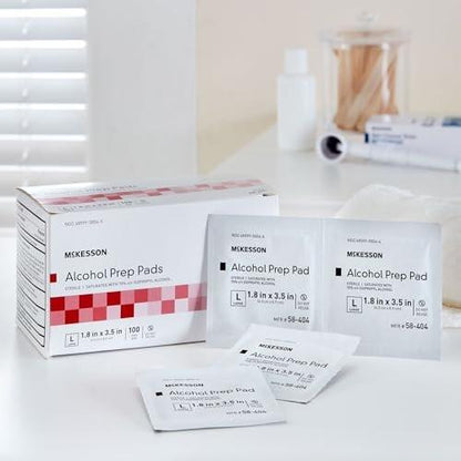 McKesson Alkohol-Vorbereitungspads, 100 Stück – steril, einzeln verpackt, 70% Isopropylalkohol, groß, 2-lagig, medizinische Qualität, Erste Hilfe