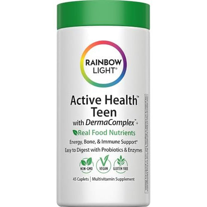 Rainbow Light Teen Multivitamin – 45 Kapseln für Jugendliche – mit DermaComplex, echten Lebensmitteln & Eisen – Probiotika & Enzyme – Unterstützung für Energie, Knochen & Immunsystem
