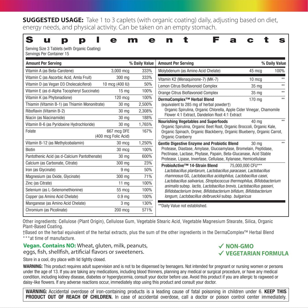 Rainbow Light Teen Multivitamin – 45 Kapseln für Jugendliche – mit DermaComplex, echten Lebensmitteln & Eisen – Probiotika & Enzyme – Unterstützung für Energie, Knochen & Immunsystem