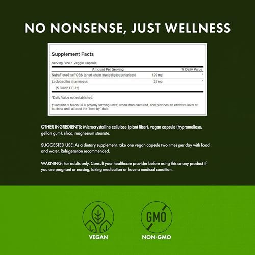 Swanson Lactobacillus Rhamnosus mit FOS - 5 Milliarden KBE - Unterstützung für die Verdauungsgesundheit mit Fructooligosacchariden - Probiotikum für die Magen-Darm-Gesundheit* - Vegan - 60 vegane Kapseln