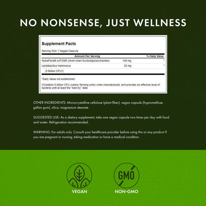 Swanson Lactobacillus Rhamnosus mit FOS - 5 Milliarden KBE - Unterstützung für die Verdauungsgesundheit mit Fructooligosacchariden - Probiotikum für die Magen-Darm-Gesundheit* - Vegan - 60 vegane Kapseln