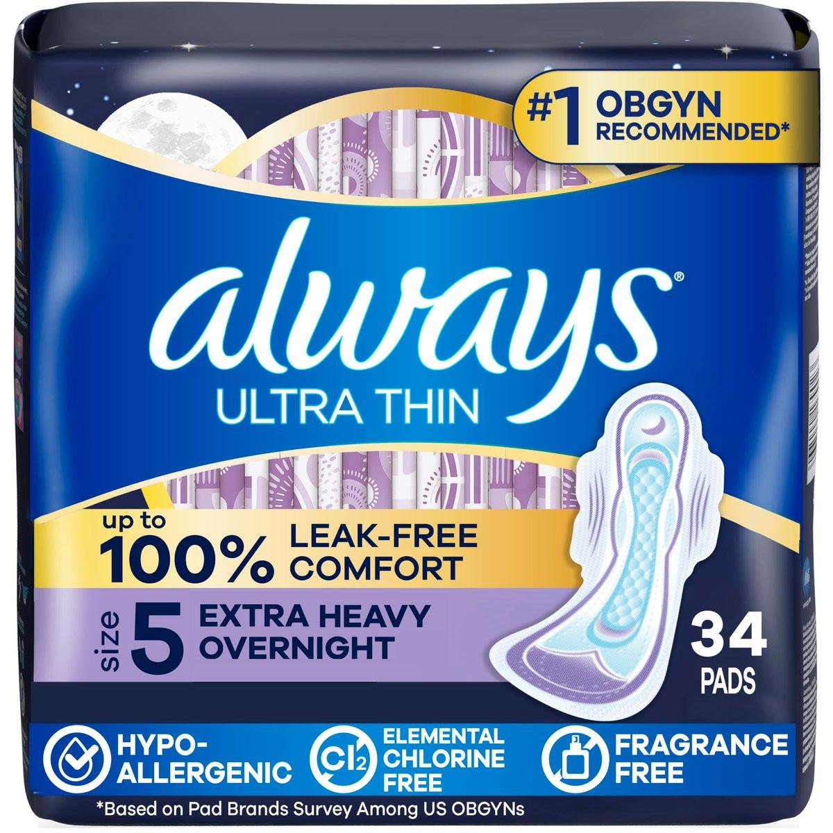Always Ultra Thin Damenbinden mit Flügeln, Größe 5, Extra starke Nacht-Saugfähigkeit, unparfümiert, bis zu 100% auslaufsicherer Komfort, 34 Stück
