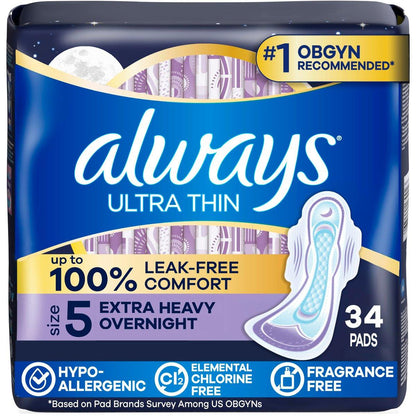 Always Ultra Thin Damenbinden mit Flügeln, Größe 5, Extra starke Nacht-Saugfähigkeit, unparfümiert, bis zu 100% auslaufsicherer Komfort, 34 Stück
