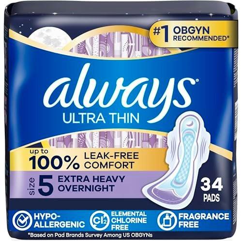 Always Ultra Thin Damenbinden mit Flügeln, Größe 5, Extra starke Nacht-Saugfähigkeit, unparfümiert, bis zu 100% auslaufsicherer Komfort, 34 Stück