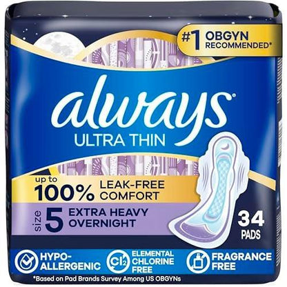 Always Ultra Thin Damenbinden mit Flügeln, Größe 5, Extra starke Nacht-Saugfähigkeit, unparfümiert, bis zu 100% auslaufsicherer Komfort, 34 Stück