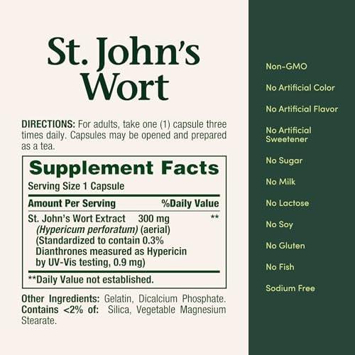 Nature's Bounty Johanniskraut 300 mg Kapseln – Pflanzliches Nahrungsergänzungsmittel zur Unterstützung einer positiven Stimmung, 100 Kapseln
