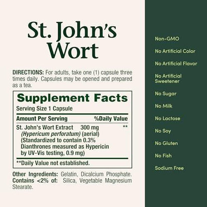 Nature's Bounty Johanniskraut 300 mg Kapseln – Pflanzliches Nahrungsergänzungsmittel zur Unterstützung einer positiven Stimmung, 100 Kapseln