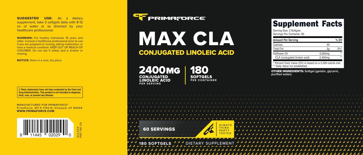 Primaforce CLA 2400 mg pro Portion (180 Weichkapseln) - Max CLA - für Männer und Frauen, nicht stimulierend, GMO-frei & glutenfrei