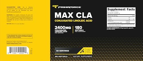 Primaforce CLA 2400 mg pro Portion (180 Weichkapseln) - Max CLA - für Männer und Frauen, nicht stimulierend, GMO-frei & glutenfrei