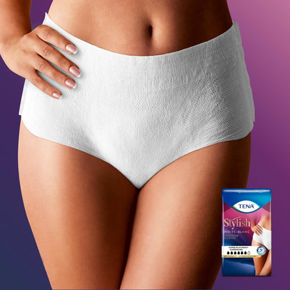 TENA Stylish White Inkontinenzslip für Frauen, Super Plus starke Saugfähigkeit, Erwachsenenwindeln, Small/Medium (Taillenumfang 74-102 cm), 18 Stück