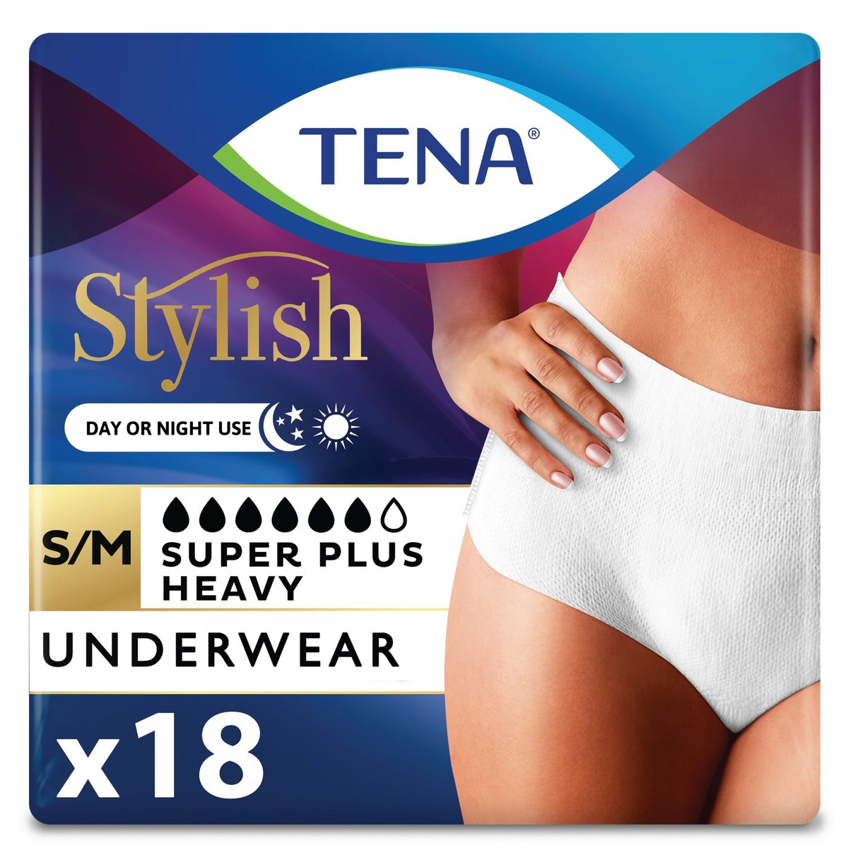 TENA Stylish White Inkontinenzslip für Frauen, Super Plus starke Saugfähigkeit, Erwachsenenwindeln, Small/Medium (Taillenumfang 74-102 cm), 18 Stück