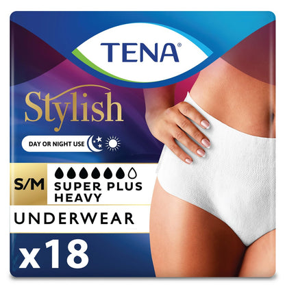 TENA Stylish White Inkontinenzslip für Frauen, Super Plus starke Saugfähigkeit, Erwachsenenwindeln, Small/Medium (Taillenumfang 74-102 cm), 18 Stück