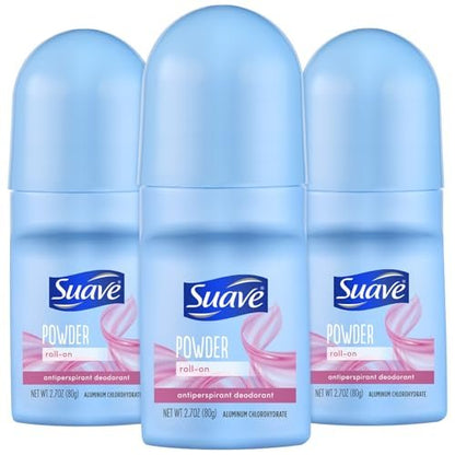 Suave Roll-On Deodorant für Frauen, Powder Fresh Duft, 3er-Pack – Antitranspirant Deodorant mit 24h Schweiß- und Geruchsschutz, 2,7 Oz pro Stück