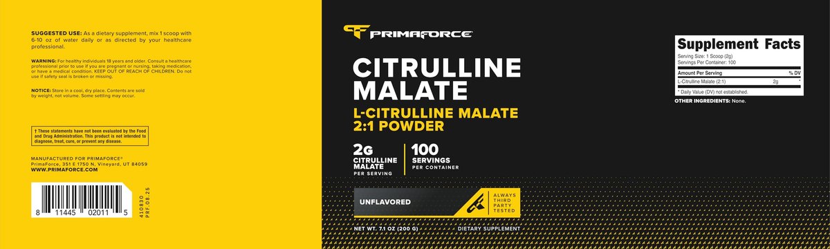 PrimaForce L-Citrullin-Malat-Pulver, ungesüßt, Pre-Workout-Supplement, 200 g – Steigert Energie, Fördert Erholung, Verbessert Kraftleistung – Vegan, Nicht-GVO