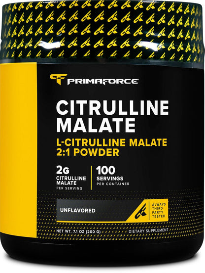 PrimaForce L-Citrullin-Malat-Pulver, ungesüßt, Pre-Workout-Supplement, 200 g – Steigert Energie, Fördert Erholung, Verbessert Kraftleistung – Vegan, Nicht-GVO