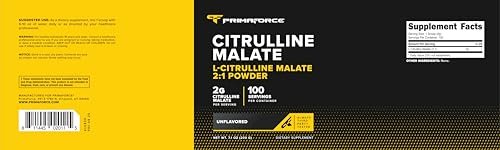 PrimaForce L-Citrullin-Malat-Pulver, ungesüßt, Pre-Workout-Supplement, 200 g – Steigert Energie, Fördert Erholung, Verbessert Kraftleistung – Vegan, Nicht-GVO